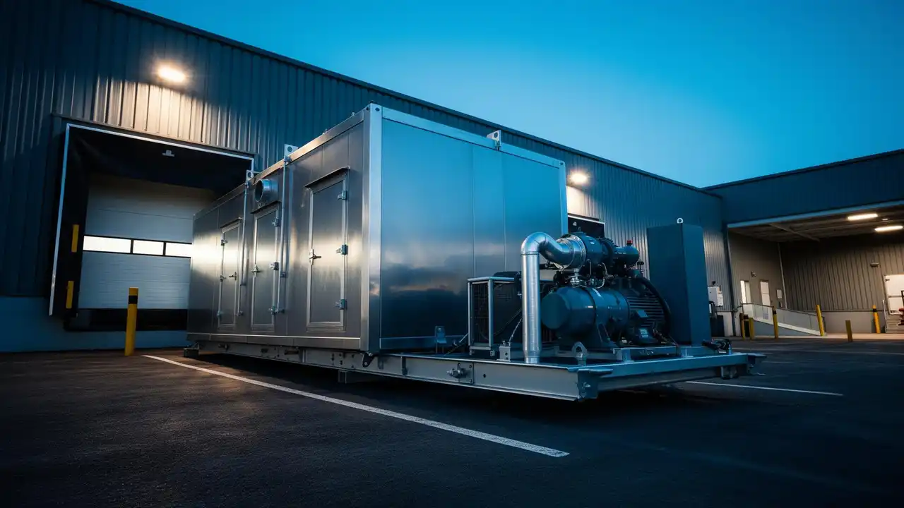 Skid-mounted commercial cold room at a warehouse loading dock